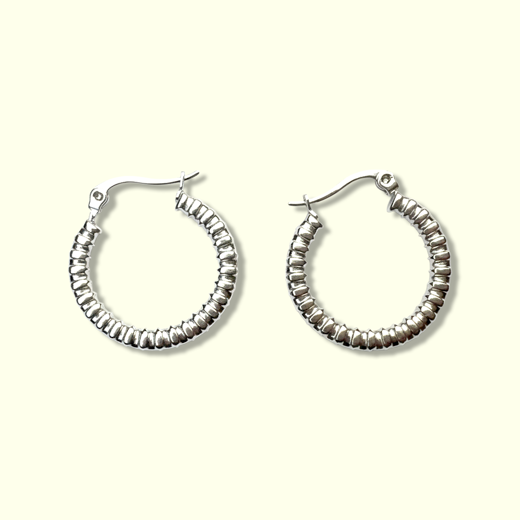 Textured Beaded Hoop Earrings – Silver Tone