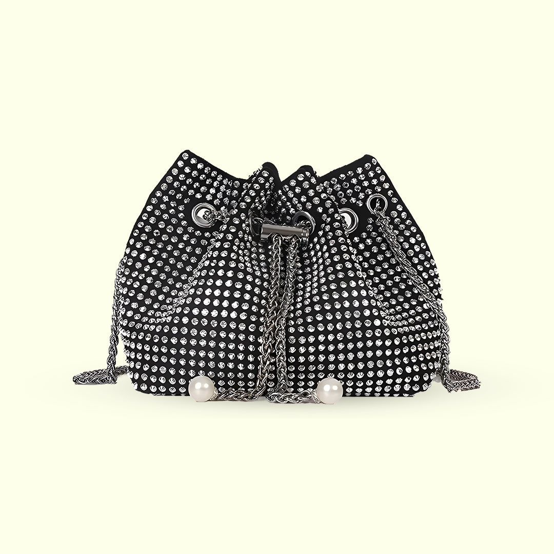 Crystal-Studded Black Drawstring Bag