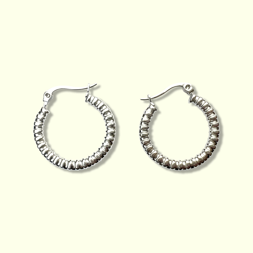 Textured Beaded Hoop Earrings – Silver Tone
