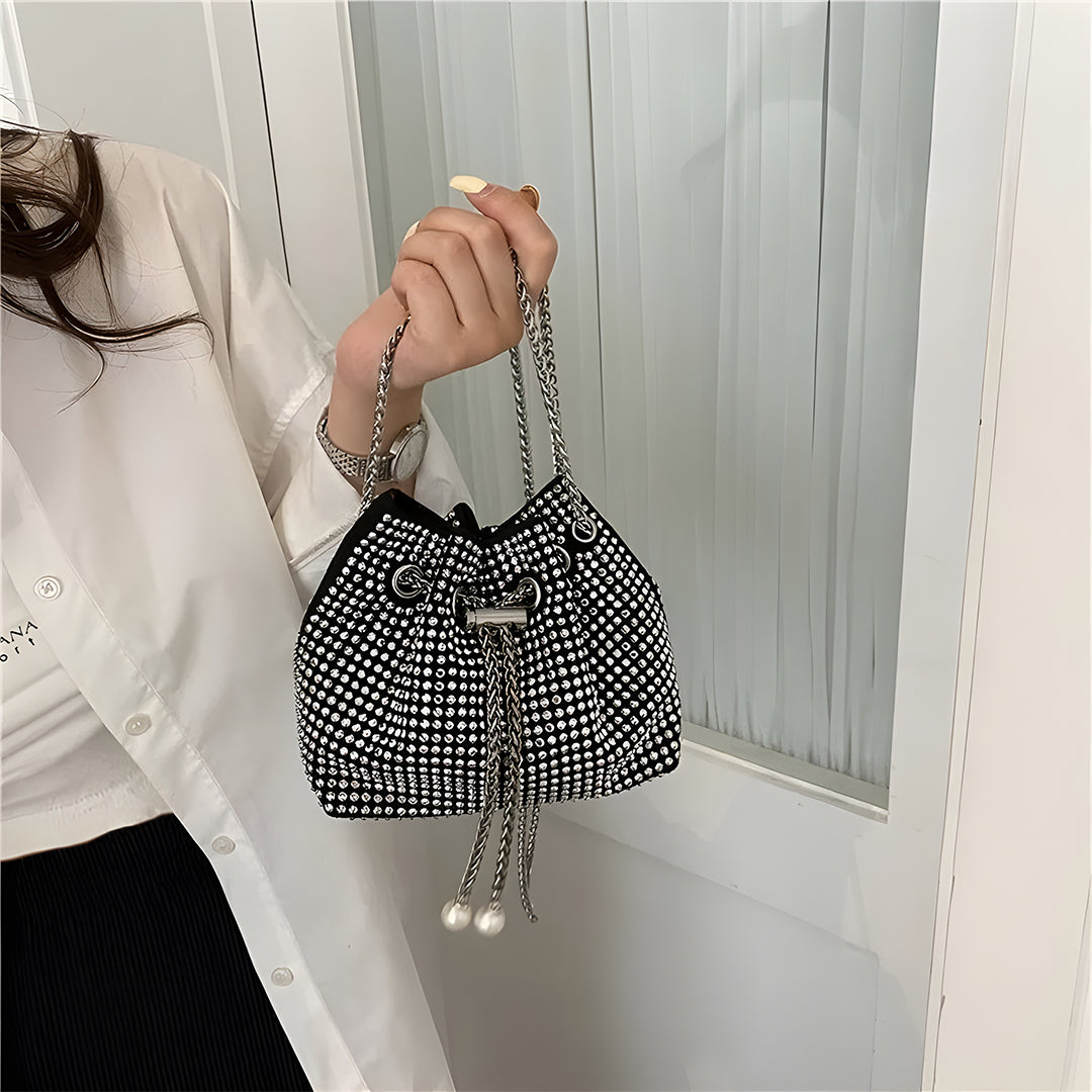 Crystal-Studded Black Drawstring Bag